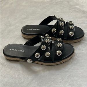 Marc Fisher Prisca‎ Slides Women’s Silver Studded Slip On Espadrille Sandals 7.5